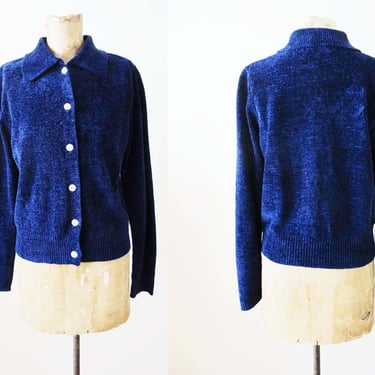2000s Blue Chenille Cardigan S - Vintage Y2K Navy Knit Collared Womens Cardigan Sweater - Soft Fuzzy Cardigan 