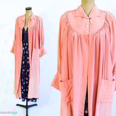 1940s Peach Dressing Gown | 40s Apricot Quilted Robe | Peach Hostess Dress | 