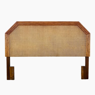 Faux Bamboo Queen Headboard with Rattan Wicker - Vintage Wooded Coastal Hollywood Regency Bedroom Furniture 