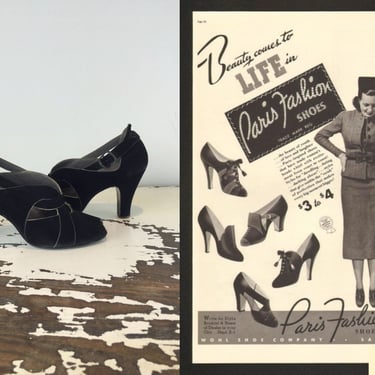Beauty Comes to Life - Vintage 1930s Black Nubuck Leather Deco Strap Shoe Pump Heels - 4 1/2B 