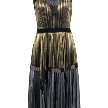 BCBG Max Azria - Gold & Silver Colorblock Pleated Midi Dress Sz M