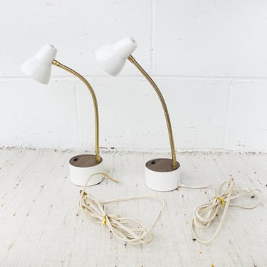 Two Midcentury White Finished Metal Cased Mini Table Lamps 