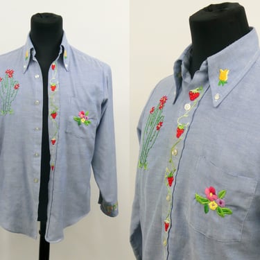 1970s Embroidered Chambray Button Down Shirt by K-Mart, 70s Embroidery, Hand Embroidered, Western Bohemian, Size Men's Medium by Mo