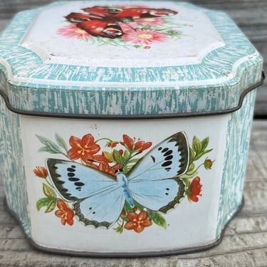 vintage butterfly tea tin blue butterflies storage container 