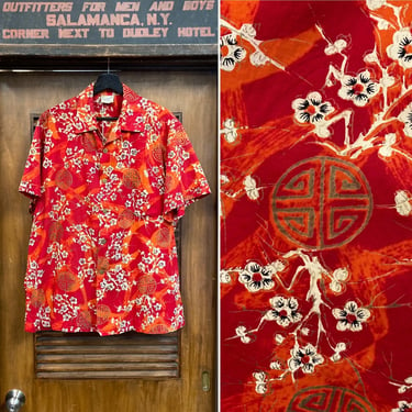 Vintage 1950’s Size L “Shaheen’s” Label Cherry Blossom Asian Pattern Tiki Cotton Hawaiian Shirt, 50’s Loop Collar, Vintage Clothing 