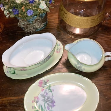 3 pc set, Chiffon yellow floral Large serving platter dish, Pastel Dinnerware hand-painted 1920s Czechoslovakia, antique fine china 
