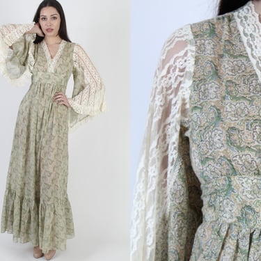 70s Giant Kimono Sleeve Dress / 1970s Gypsy Boho Wedding Dress / Avant Garde Renaissance Festival Bridal Sheer Maxi 