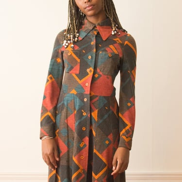 1970s Lord & Taylor Geometric Print Shirt Dress 