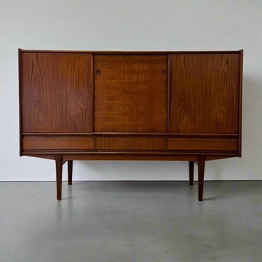 Danish Teak Tall Sideboard  / Highboard with Inlaid Veneer Design - #A1639