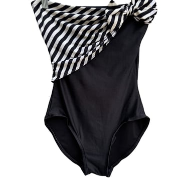 Oscar De La Renta Vintage Womens Black White Striped One-Piece Bow Swimsuit 8