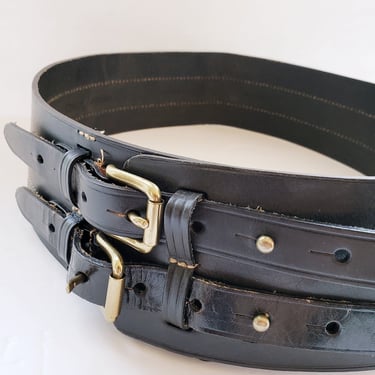 Vintage Ralph Lauren Black Leather Wide Belt Adjustable Military Style Double Straps DEADSTOCK original 295 Price Tag XL PLUS Size 