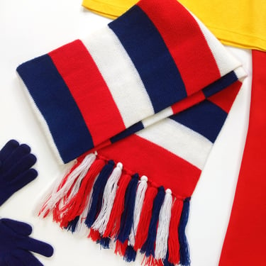 Fun, Bright Vintage 60s 70s Red White Navy Blue Stripe SOFT Winter Scarf with Fringe 