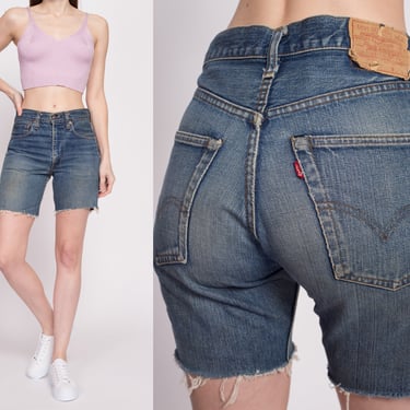 60s 70s Levis Big E Cutoff Shorts - Men's Small, Women's Medium, 29" | Vintage Distressed Dark Wash Denim Mid Rise Jean Shorts 
