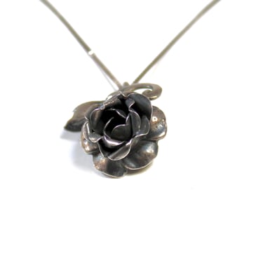 Antique Sterling Silver Dimensional Rose Pendant Necklace - 925 Italy Silver Flat S-Link Chain 