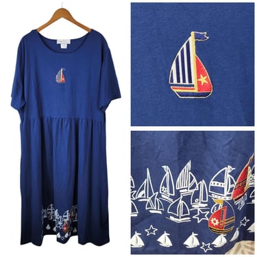 Vintage 90s Sail Boat Shirt Dress Size 3X 22/24 Navy Blue Embroidered Nautical 