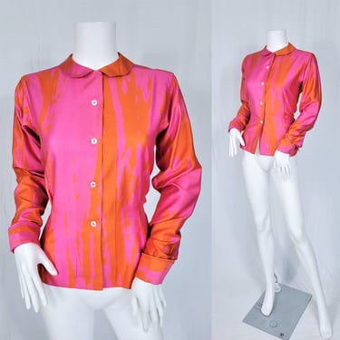 1960's Pink Orange Tie-Dye Brushed Cotton Blouse I Shirt I Top I Sz Med I Gab-ey Original 