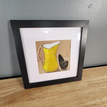 Mid Century Pitcher and Bird Painting Acrylic on Craft Paper Framed Original Art by L Jones 9.25"x 9.25" 