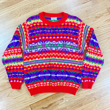 Vintage United Colors of Benetton 012 Wool Sweater Snowflake Geometric pattern Red Purple green Yellow white, 1980s Made in Italy Sweater 