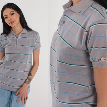 Grey Striped Polo Shirt 80s Collared T-Shirt Cheetahs Half Button Up Short Sleeve TShirt Retro Preppy Top Blue White Vintage 1980s Small S 