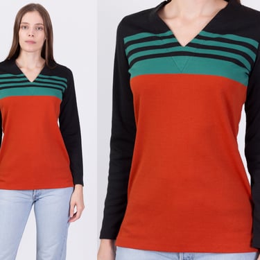70s Color Block Striped Knit Shirt - Small | Vintage Jantzen V Neck Long Sleeve Sweater Top 
