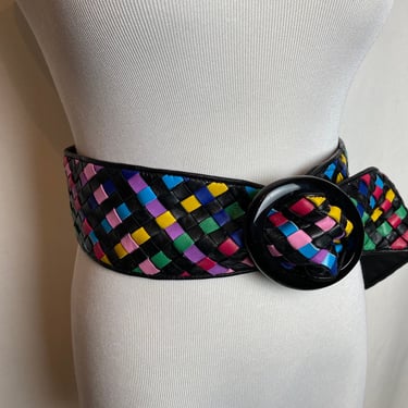 Vintage color pop Rainbow colorful woven belt soft braided pleather dress belt wide open size 