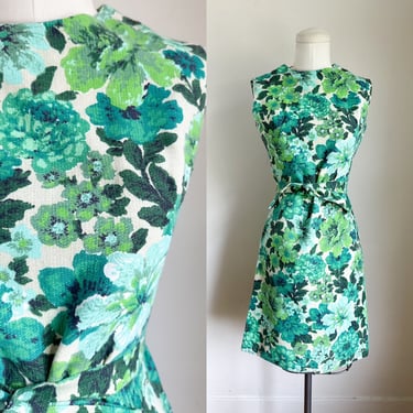 Vintage 1960s Green Floral Shift Dress / XXS 