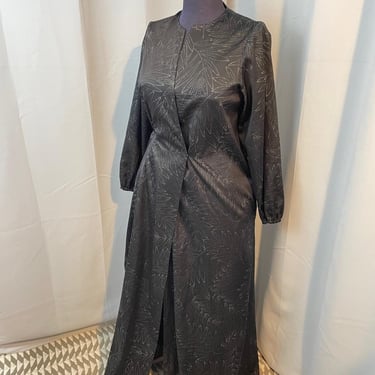 Elegant 1970s Vintage Black Satin and Silver Sequin Maxi Wrap Dress Gown XL 