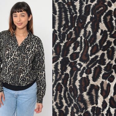 80s Leopard Print Shirt 90s Animal Print Blouse Long Sleeve Button Up Top Cheetah Collared Vintage Slouchy Banded Hem Shirt Collar Large 12 