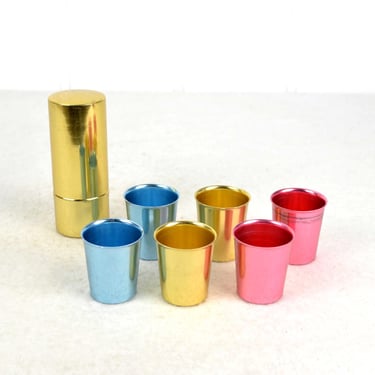 DDR Shot Glass Set 6 Aluminum Cups Anodized Camping Picnic Vintage Design Garden Ostalgie Nostalgia 