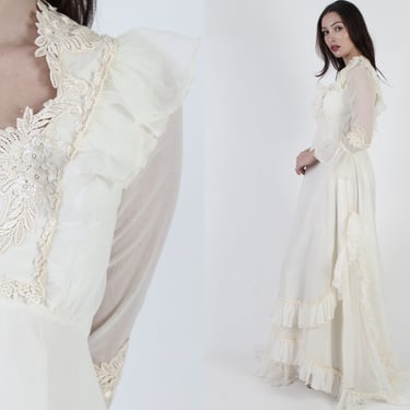 1970s Trumpet Sleeve Wedding Day Gown, Vintage 70s Hi Lo Fishtail Hem Maxi Dress, Elegant Full Skirt Ruffle Bustle Skirt 