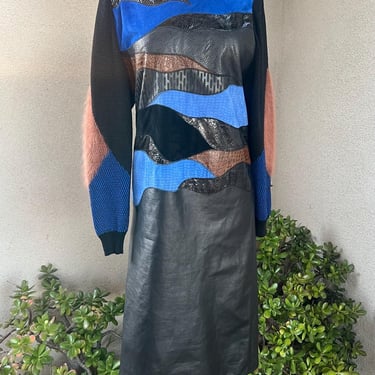 Vintage 80s avantegarde black leather dress snake skin accents & knit sleeves Sz S/M Amen Wardy 