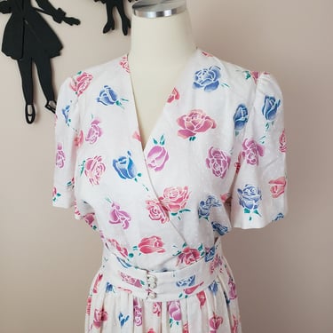 Vintage 1980's Rose Print Dress / 80s Floral Day Dress M/L 
