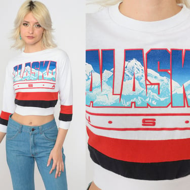 90s Cropped Alaska Sweatshirt 80s Striped White Sweatshirt Mountain Graphic Sweatshirt Crewneck 1990s Retro Top Crop Top Vintage 2xs 