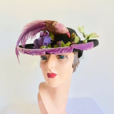 1940's Black Felt Medium Brim Hat with Feathered Bird Blackberries and Flower Purple Velvet Trim Head Holder 40's Fall Winter Millinery 