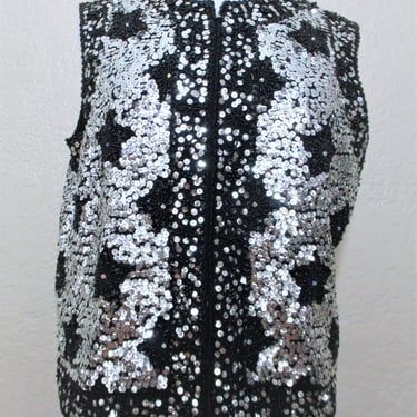 Vintage 1950s Sequin Wool Knit Sweater Vest, Medium Women, black silver stars pattern, zip up 
