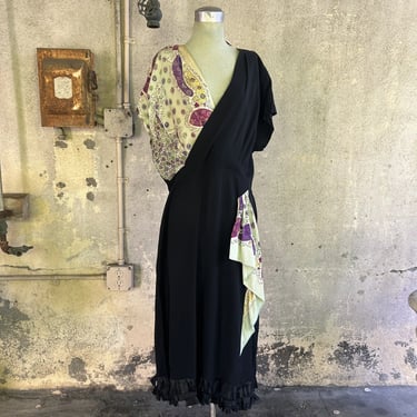 Vintage 1940s Black Crepe & Colorful Paisley Cotton Dress Fringe Trim Midi