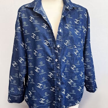 CC Blue CHANEL Logo Designer UNISEX Men's Button Down Shirt Oxford, Top, Blouse, 45