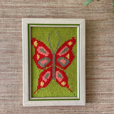 Vintage Needlepoint - Framed Butterfly Needlepoint - Small Framed Lime Green and Orange-Red Butterfly Needlepoint - Retro Wall Decor 