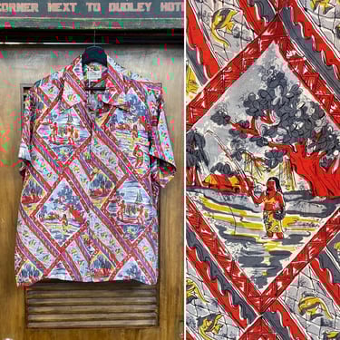 Vintage 1950’s Size L Atomic Cartoon Natives Silk Tiki Hawaiian Shirt, Neck Loop, 1950’s Shirt, 50’s Vintage Clothing 