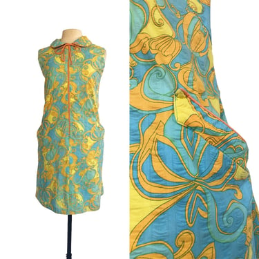 Vintage 60s mod day dress| seafoam blue yellow orange| abstract floral geometric print| Gaymode Pennys loungewear house dress 