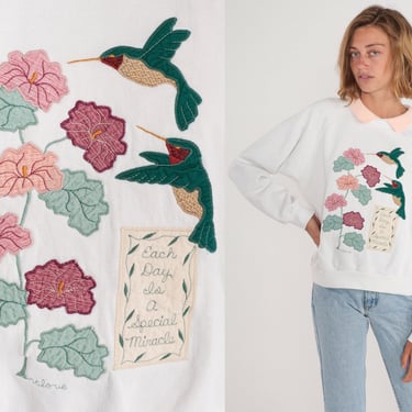 Floral Hummingbird Sweatshirt 90s Collared Sweater Each Day is a Special Miracle Flower Bird Graphic Grandma White Vintage 1990s Large L 