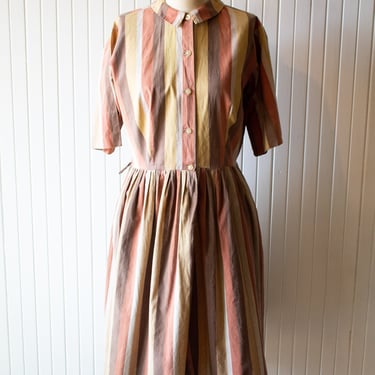 Vintage 1960s Desert Tones Cotton Stripe Dress 32