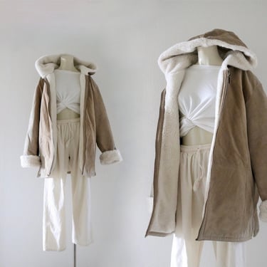 suede leather + faux fur shearling hooded coat - l 