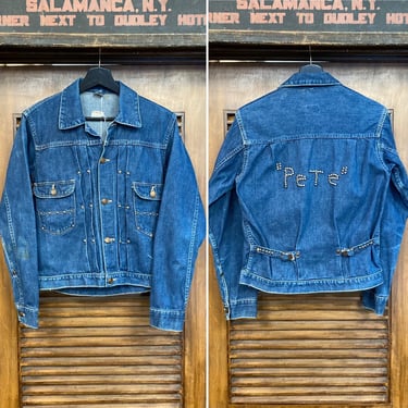 Vintage 1950’s Pleated x Studded Denim Workwear Jacket with Buckles, 50’s Jean Jacket, Vintage Clothing 