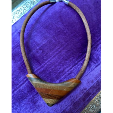 vintage 1980s choker 80s wood necklace striped chevron leather rope 80s jewelry 