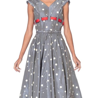 1950'S Blue & White Gingham Taffeta Polka Dot Printed Dress With Belt Red Bow 