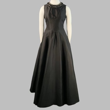 RACHEL GILBERT Size 12 Black Silk Cotton Rhinestone Collar Long Evening Gown