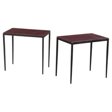 A Pair of Iron and Hand Stitched Leather End Tables in the Manner of Jean-Michel