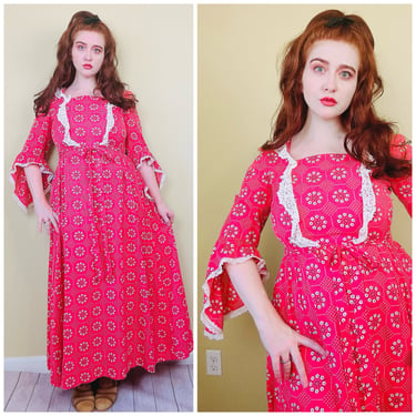 1980s Vintage Red Bandana Print Bell Sleeve Dress / 80s Lace Trim Colonial Floral Maxi Prairie Gown / Large 
