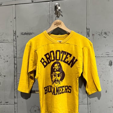 Vintage 1970s cotton football jersey Brooten Buccaneers pirate logo yellow 